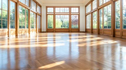 Obraz premium Empty sunlit room with hardwood floor and large windows overlooking garden. Possible use Interior design, real estate