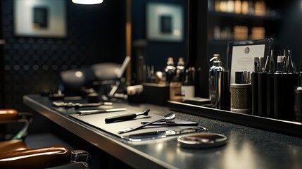 A clean barber workstation styled with neatly arranged tools and sleek branding. pic