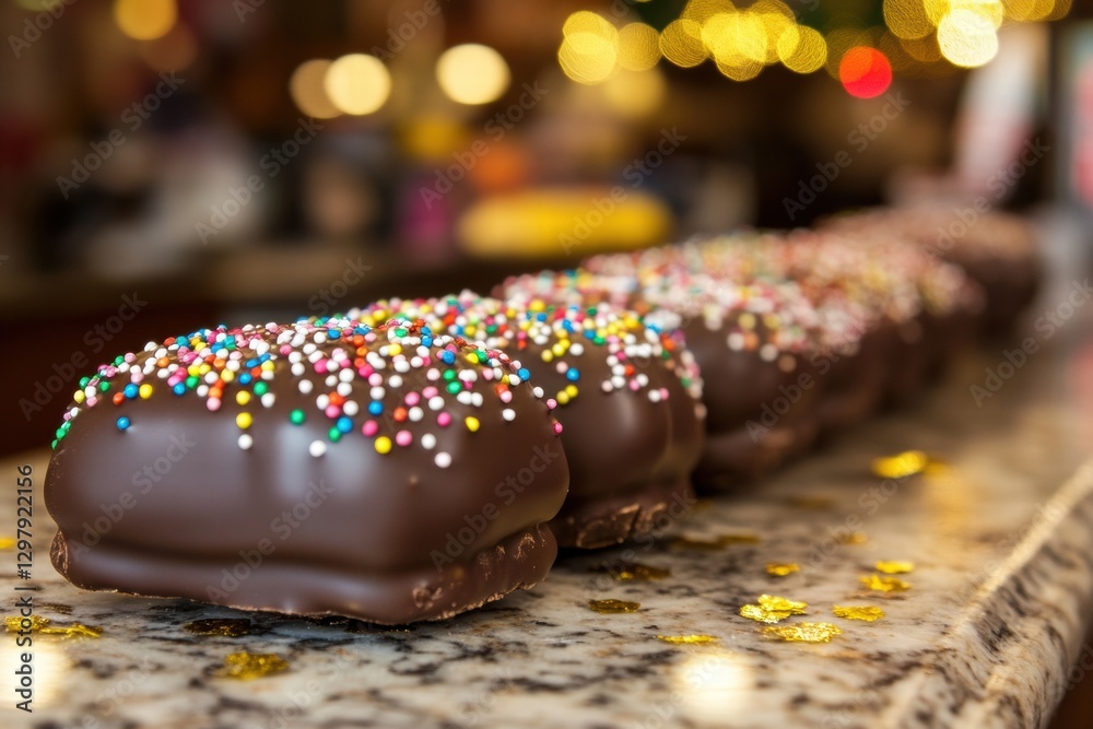 Poster delicious chocolate treats with colorful sprinkles arranged on a granite countertop at a festive set