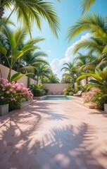 Fototapeta premium Serene Tropical Poolside Paradise Lush Palm Trees Pink Flowers and Tranquil Water