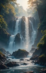 Majestic Waterfall Cascading Through Lush Green Forest Tranquil Nature Scene Serene Landscape