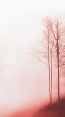 Misty morning landscape with bare trees in red haze