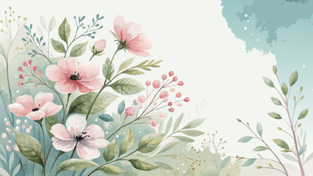 Watercolor floral arrangement background, delicate pastel flowers with subtle green leaves, creating a gentle and inviting atmosphere for Suhur with copy space  