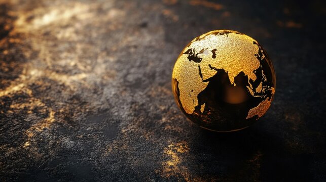 Golden Earth Globe on Dark Textured Surface: Symbol of Luxury and Global Connection