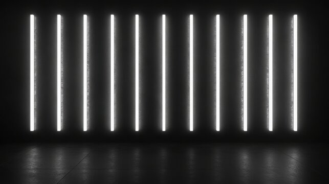 Abstract futuristic background with vertical white neon light bars and reflection on black floor