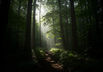 Obraz premium Walking Path Through Sunlit Forest with Tall Trees and Greenery