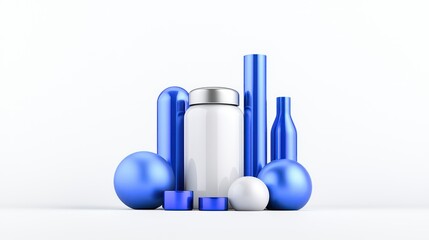 Modern Composition: Cylindrical and Spherical Shapes in blue and white, creating a minimalist and artistic arrangement, showcasing the interplay of geometric forms and sleek design.