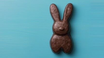 A cute chocolate bunny-shaped treat placed on a vibrant blue background.