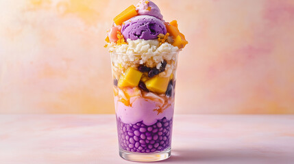 Colorful Halo-Halo dessert with layers of ice, fruits, and ube ice cream