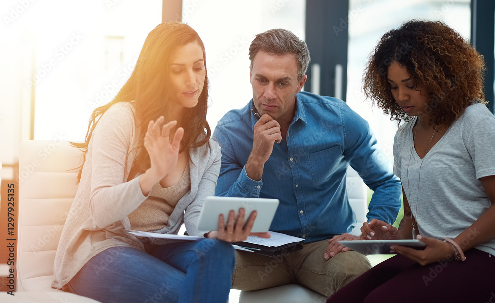 Poster Business people, meeting and discussion with tablet for brainstorming or project planning at office. Creative, group or web designers with technology or ideas for UI, UX or app design at workplace