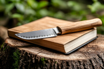Kitchen knife on wooden cutting board outdoors