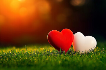 Two heart-shaped symbols of love resting on fresh grass with a warm glow.  