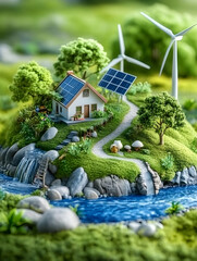 Miniature eco-friendly home with solar panels and wind turbines