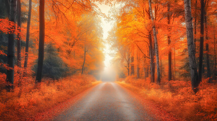 Autumn pathway through vibrant orange forest with fog and soft light in the early morning