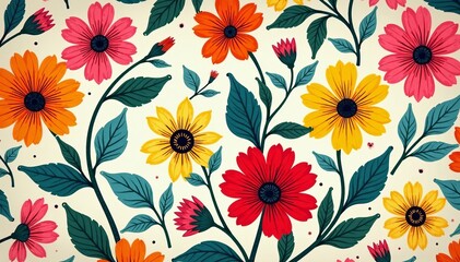 Vibrant wildflower pattern in bold colors for summer fashion, colorful, flora, pattern