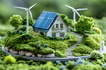 Miniature Sustainable Home with Solar Panels and Wind Turbines