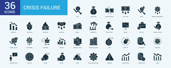 Business Failure icon collection set with loss, money bag, money broken, cash flow, crisis, money management