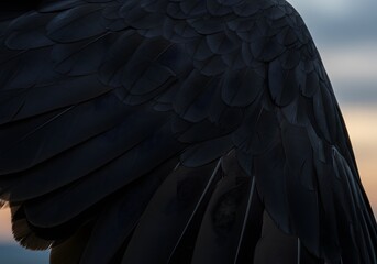 Fototapeta premium Close-up of Black Bird Feathers Displaying Texture and Detail with Sky
