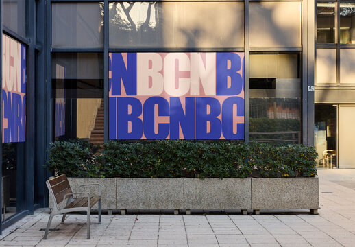 Billboards Ready for Design at Office Building in Barcelona. Real reflection in glass