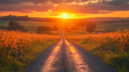 Beautiful sunset over a winding country road surrounded by golden fields
