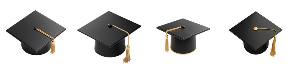 Close up view of black graduation caps and gold tassels arranged on a plain white background representing the academic achievement success and milestone of graduates