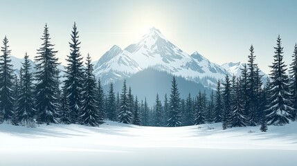 Snowy Mountain Landscape with Evergreen Forest Serene Winter Scene of Mountain Range under a Bright Sky with Trees and Snow