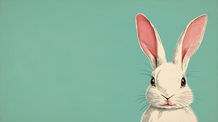 Obraz premium A cute white rabbit with large ears sits against a turquoise background, exuding charm and playfulness.