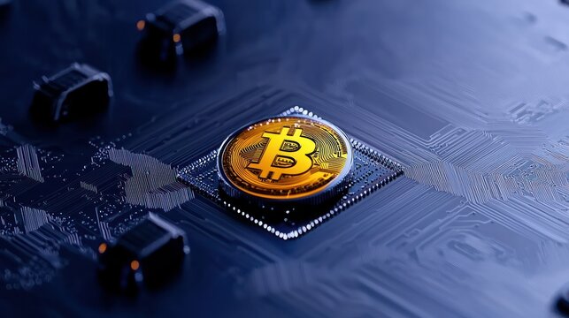 Bitcoin on a Circuit Board: A gold-colored bitcoin symbol embedded on a futuristic, high-tech circuit board, symbolizing the intersection of cryptocurrency and advanced technology.