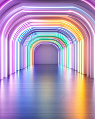 Neon archway tunnel, vibrant colors, empty space, 3D render, artistic background,  potential for product display