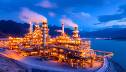 Fototapeta premium Oil Refinery at Dusk on a Reservoir