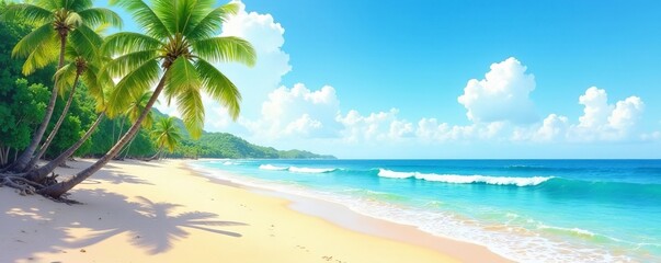 Tranquil watercolor painting of sandy beach with palm trees and ocean waves, beach, background, summer