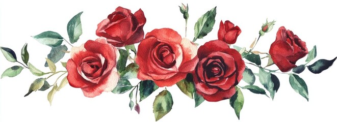 Watercolor painting of a red rose bouquet.