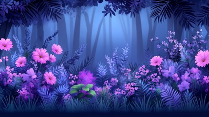 Enchanted nocturnal forest landscape backdrop with ethereal blue tones and vibrant floral foreground for dreamy fairytale concepts