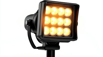 Industrial Spotlight: A close-up, studio shot of a powerful black spotlight with a grid of bright, golden LED lights, designed to illuminate and emphasize.