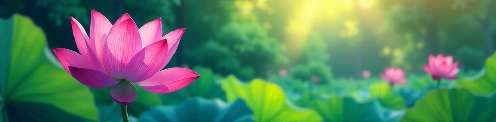 Obraz premium Vibrant anime illustration of a lotus flower blooming in a garden, lotus, illustration, garden