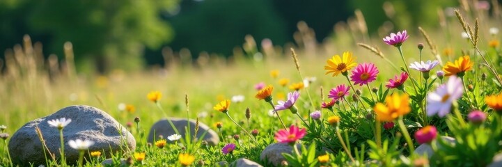 Obraz premium Blooming wildflowers in a meadow amidst tall grasses and stones, greenery, wildflowers, grasses