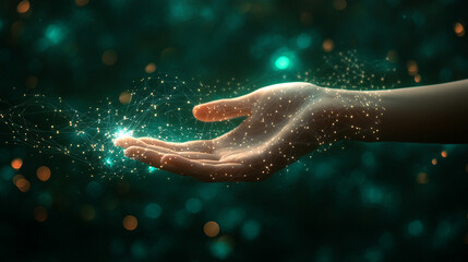 A female hand reaches out to interact with a dynamic data flow visualization, symbolizing the connection between technology, innovation, and human interaction with modern digital systems

