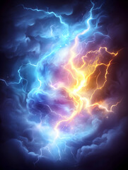 Powerful clash of vibrant lightning bolts in a dark stormy sky. Potential use Background for a dramatic scene or a nature-themed poster