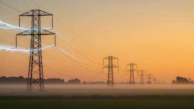 high voltage power lines with Electricity animations in morning transmitting power to nearby city