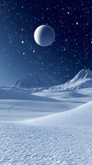 Naklejka premium Serene Night Landscape with Crescent Moon and Distant Mountains