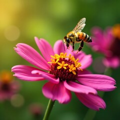 Bright yellow bee in flight over vibrant flowers, sun, insect, nature