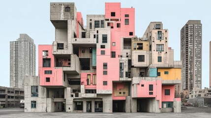 Unconventional Urbanity Colorful Stacked Housing Blocks Atypical Architectural Design Contrasting Cityscape Distopian Futuristic Vision