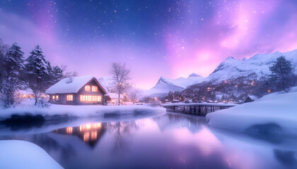 Fototapeta premium Snowy winter cabin, starry night, reflecting on lake. Possible stock photo use