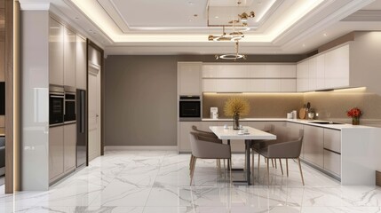 Modern minimalist Interior design large kitchen with built in appliances and dining zone warm tone.