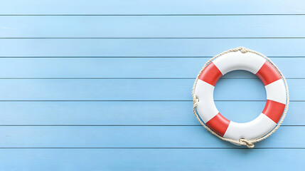 Red And White Striped Lifebuoy Floating On Blue Wooden Background
