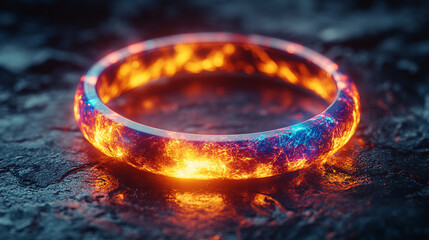 A glowing, iridescent ring rests on a dark, reflective surface, symbolizing modern elegance, mystery, and futuristic beauty in a minimalist setting.

