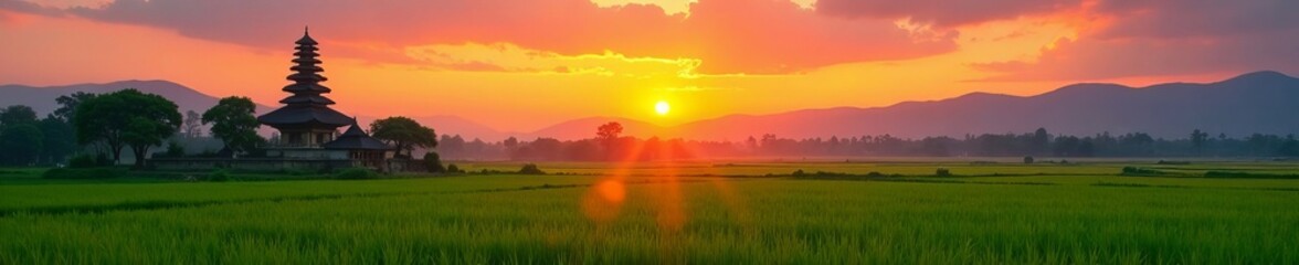 Obraz premium Vibrant sunset over peaceful rice fields with traditional pagoda temple in distance, tranquil, clouds, scenic