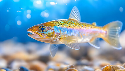 Naklejka premium Trout swimming underwater, vibrant colors, water ripples. Possible use Stock photo