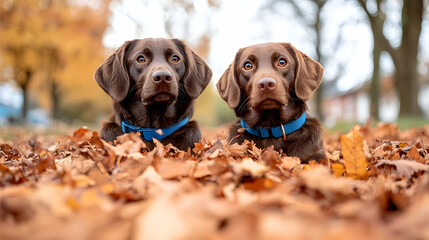 Two Chocolate Labradors in Autumn Leaves