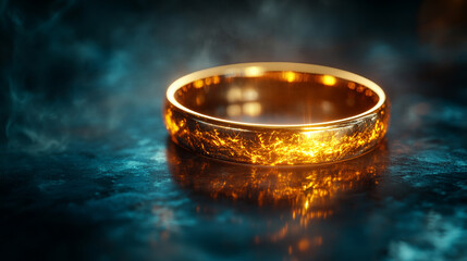 A glowing, iridescent ring rests on a dark, reflective surface, symbolizing modern elegance, mystery, and futuristic beauty in a minimalist setting.

